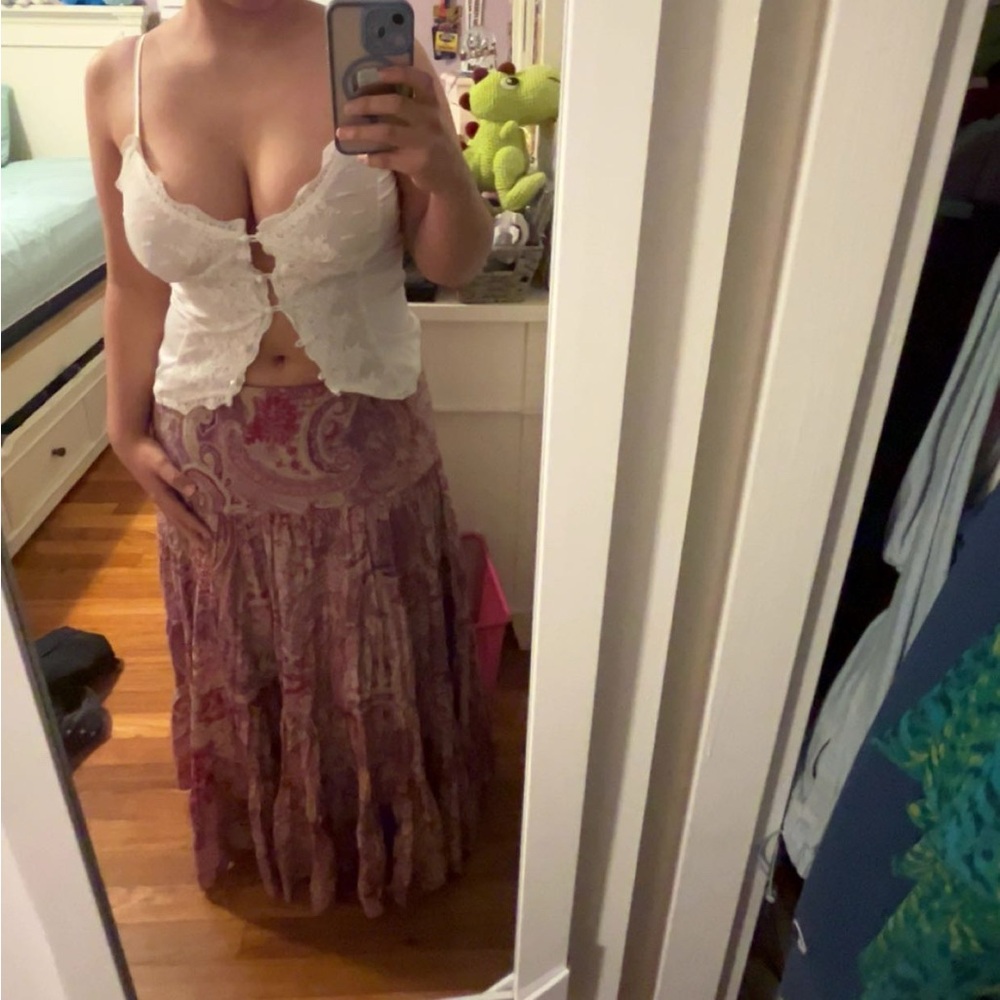 White Lace Top and Purple Paisley Skirt